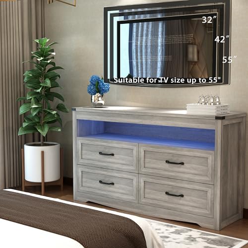 Wodeer Grey Dresser for Bedroom, Wooden 4 Drawer Dresser with LED Light, Dressers & Chests of Drawers with Metal Handles, Storage and Organization for Bedroom, Hallway, Entryway, Gray - Image 2