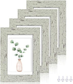 Hongkee 5x7 Picture Frame Set of 4, Made of Real Glass and Sage Green Wooden Frame, 5 by 7 Photo for Wall or Tabletop - Display Picture 4x6 with Mat or 5x7 Without Mat by Hongkee