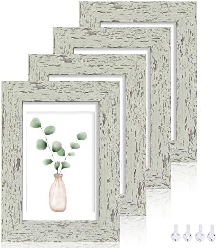 Hongkee 5x7 Picture Frame Set of 4, Made of Real Glass and Sage Green Wooden Frame, 5 by 7 Photo for Wall or Tabletop - Display Picture 4x6 with Mat or 5x7 Without Mat by Hongkee