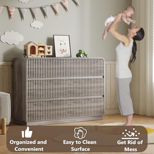 BORNOON Dresser for Bedroom with 6 Drawers, Fluted Chest of Drawers with Round Curved Corner, Hidden Handles, Modern Wood Storage Organizer for Bedroom, Nursery, Living Room - Image 5