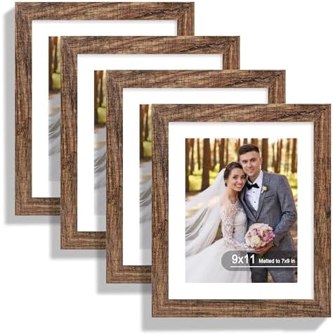 Hongkee 9x11 Picture Frame Set of 4, Made of Real Glass and Rustic Brown Frame - Display Picture 7x9 with Mat or 9x11 Without Mat, 9 by 11 Photo for Wall or Tabletop by Hongkee