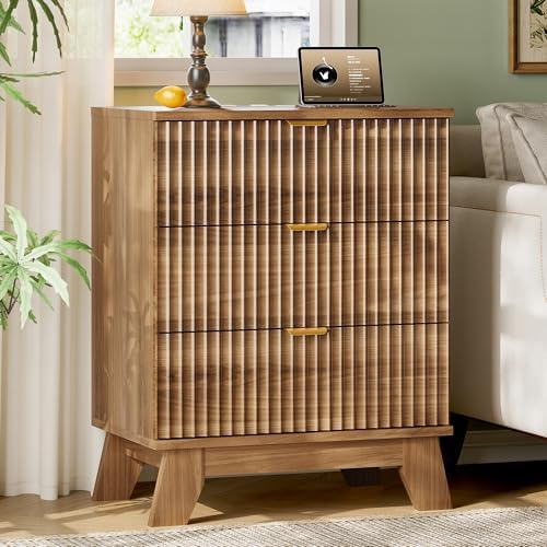 Xixini Fluted Nightstand with Charging Station, Tall Bedside Table, Walnut - Image 3