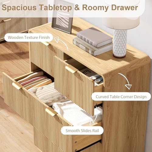 QUW Fluted 5 Drawers Dresser for Bedroom, Modern 40.2" Tall Drawer Dressers with Metal Handle, Wooden Chest of Dresser for Living Room, Hallway, Solid Wood Legs, Curved Profile Design, Natural Oak - Image 5