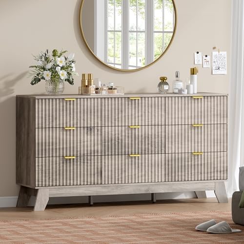 Wodeer 9 Drawer Fluted Dresser for Bedroom, Mid Century Modern Wooden Dresser with 9 Drawers, Dressers & Chests of Drawers with Metal Handle, TV Stand & Storage Organizer for Entryway, Hallway, Oak by WODEER