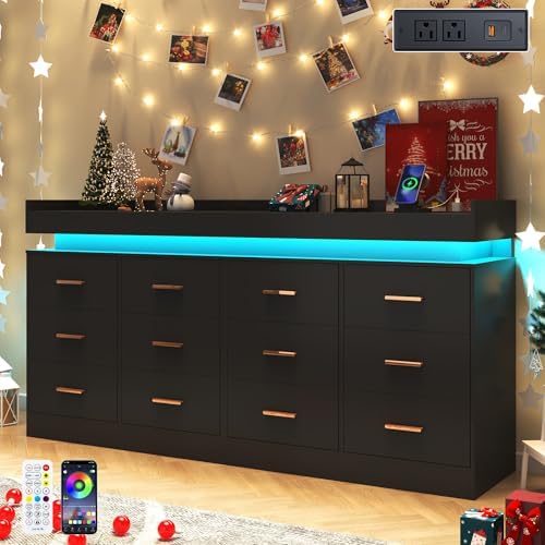 Hlivelood 12 Drawer Dresser with LED Light and Charging Station, Modern Chest of Drawers for Closet, Wide Drawer Organizer Cabinet, Living Room, Entryway, Hallway, Black - Image 4