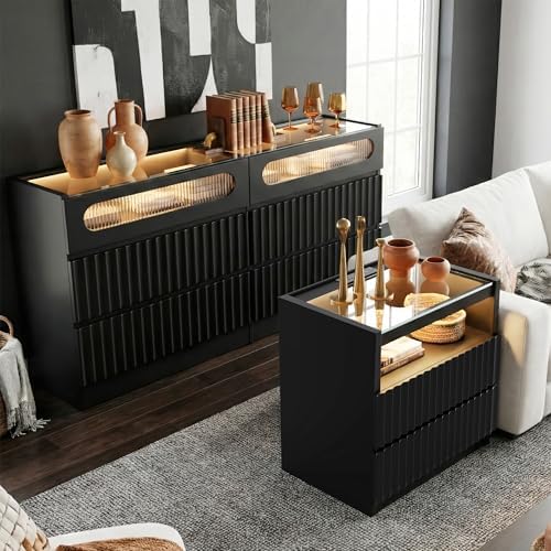 Modern Nightstand with Charging Station,Fluted 2 Drawers Bedside,Black Oak - Image 3
