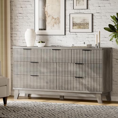 Xixini Fluted Dresser with 7 Drawers, 58" Wide Modern Chest of Drawers with Metal Handle, Wooden Dresser TV Stand, Wood Closet Clothes Storage Organizer for Bedroom, Living Room, Hallway, Light Grey - Image 3