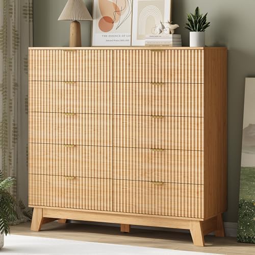 Fluted Dresser for Bedroom with 10 Drawers, 48" Wide Modern Chest of Drawers with Metal Handle, Wooden Dresser TV Stand, Wood Closet Clothes Storage Organizer for Living Room, Hallway, Natural Oak - Image 4