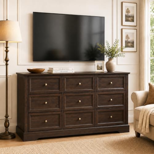 LOUVIXA Farmhouse Dresser 9 Drawer, Bedroom Chest of Drawers, Dressers with 9 Drawers, Wooden Dressers for Bedroom, Living Room, Tv Stand, Entryway(Vintage Brown) by LOUVIXA