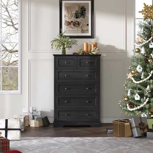 Farmhouse 6 Drawers Dresser Chests for Bedroom, Black 6 Chest of Drawers - Image 3
