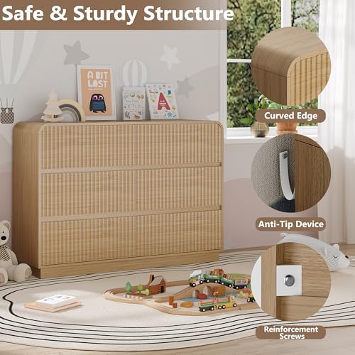 BORNOON Dresser for Bedroom with 6 Drawers, Fluted Chest of Drawers with Round Curved Corner, Hidden Handles, Modern Wood Storage Organizer for Bedroom, Nursery, Living Room - Image 4