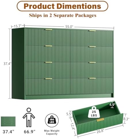 Furniway Green Dresser for Bedroom, Modern Dresser with 8 Drawers and Smooth Slides, Wide Chest of Drawers with Golden Handles for Bedroom, Closet, 15.7" D x 55" W x 37.4" H - Image 2