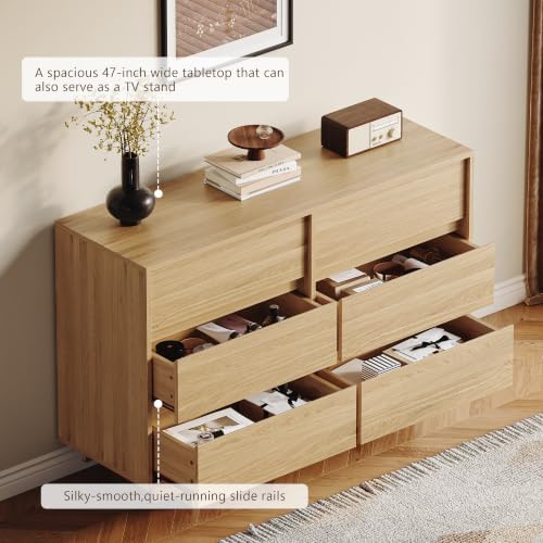 HOUROM Oak Dresser for Bedroom, 47in Modern 6 Drawer Chest of Drawers - Image 4