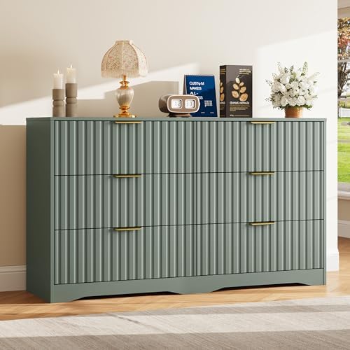 6 Drawer Dresser and Nightstand Sets for Bedroom, Modern Fluted 3 Pcs Bedroom Dresser Furniture Sets, Wood Chest of Drawers and Nightstand Set of 2 with Metal Handles, Green - Image 7