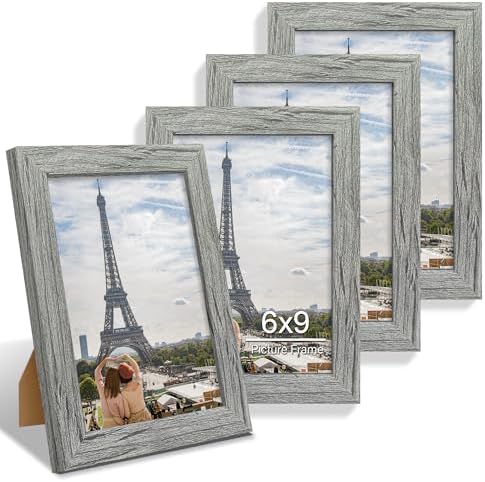 Hongkee 6x9 Picture Frame Set of 4, Made of Real Glass and Grey Wooden Frame - 6 by 9 Photo for Wall or Tabletop Display by Hongkee