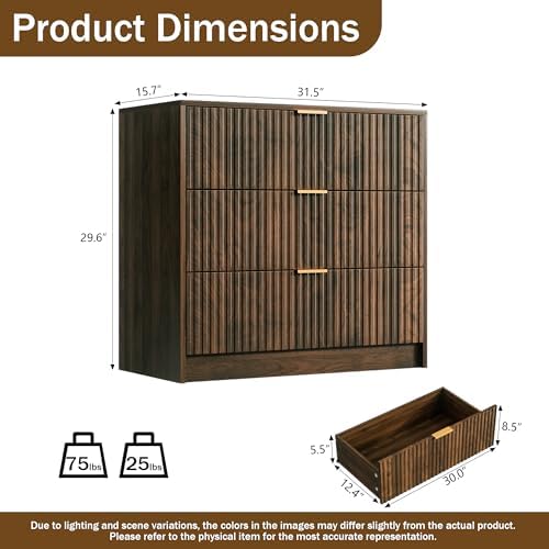 Furniway Walnut Dresser for Bedroom, Modern Dresser with 3 Drawers and Smooth Slides, Wide Chest of Drawers with Golden Handles for Bedroom, Living Room, Closet, 15.7" D x 31.5" W x 29.6" H - Image 2