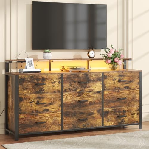 63'' Rustic Brown Dresser for Bedroom, 9 Drawer Dresser with Power Outlet and Led Lights, Bedroom Furniture with Wooden Drawer and Metal Frame, TV Stand with Deep Drawer Storage - Image 4
