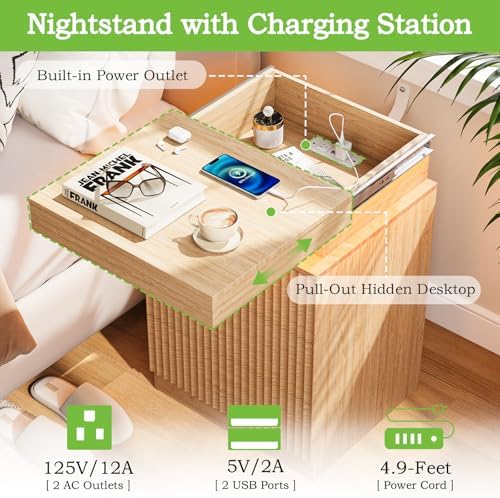Fluted LED Night Stand with Charging Station, Natural Oak - Image 4