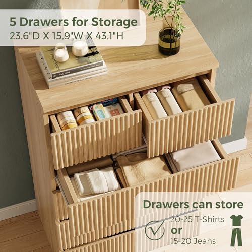 Jocoevol Fluted 6 Drawer Dresser for Bedroom, Modern Wood Chest of Drawers, Tall Storage Dresser with Deep Drawers, Handleless Floor-Standing Dresser for Bedroom, Living Room, Entryway, Natural Oak - Image 5