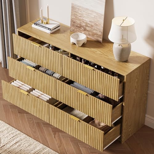 MAISONARIA 6 Drawer Dresser for Bedroom, 55" Wide Modern Chest of Drawers with Gold Metal Handles, Fluted Wood TV Stand for Living Room, Hallway, Natural - Image 3
