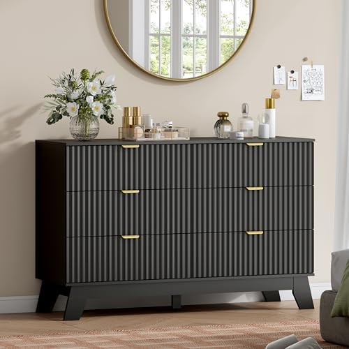 Wodeer 6 Drawer Fluted Dresser for Bedroom, Mid Century Modern Dresser with 6 Drawers, Dressers & Chests of Drawers with Metal Handle, TV Stand & Storage Organizer for Entryway, Hallway, Black by WODEER