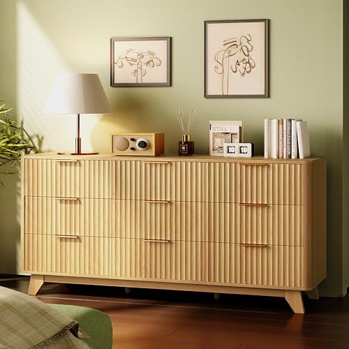 Bonnlo Fluted Dresser,57" Fluted Wide Modern Dresser with Metal Handle, Chest of Drawers, Curved Profile Design, Wood 9 Drawer Organizer for Bedroom, Natural Oak by Bonnlo