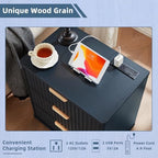 LEYAOYAO Fluted Nightstand with Charging Station, 23" Modern Night Stand with Woodgrain Top, 3 Drawers End Table w/Storage, Bedside Tables for Bedroom, Living Room, Curved Profile Design, Blue - Image 5