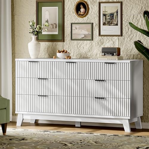 Xixini Fluted Dresser with 7 Drawers, 58" Wide Modern Chest of Drawers with Metal Handle, Wooden Dresser TV Stand, Wood Closet Clothes Storage Organizer for Bedroom, Living Room, Hallway, Solid White - Image 3