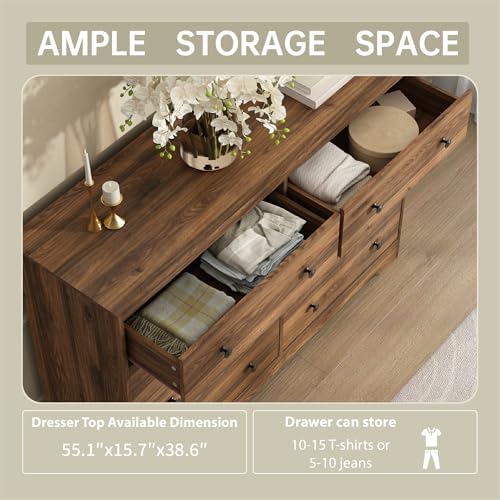 Dresser for Bedroom, 8 Drawer Dresser with Large Drawers, 51 Inch Wide Wood Chest for Living Room, Hallway, Walnut - Image 3
