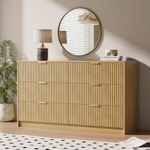 MAISONARIA 6 Drawer Dresser for Bedroom, 55" Wide Modern Chest of Drawers with Gold Metal Handles, Fluted Wood TV Stand for Living Room, Hallway, Natural - Image 5