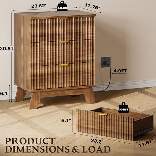 BORNOON 30.5" Nightstand with Charging Station, 3-Drawer Fluted Bedroom Chest, Wood Bedside Dresser with Power Outlets and USB Ports, Stable Base, Modern Storage Cabinet for Small Spaces - Image 2