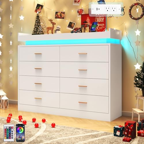 Hlivelood 8 Drawer Dresser with LED Light and Charging Station, Modern Chest of Drawers for Closet, Wide Drawer Organizer Cabinet for Bedroom, Living Room, Entryway, Hallway(White) - Image 4
