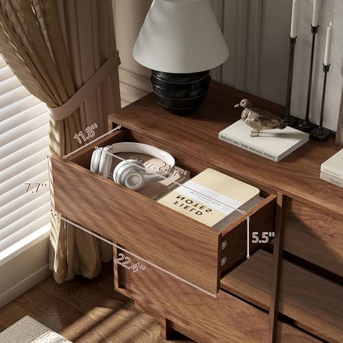 6 Drawer Walnut Dresser for Bedroom, 47" Wide Mid Century Modern Dresser - Image 7