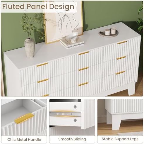 GarveeHome 59" Wide Fluted 9 Drawers Dresser, White - Image 4