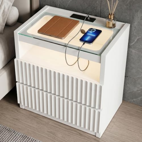 Modern Nightstand with Charging Station,Fluted 2 Drawers,White Oak Finish by SENLIN