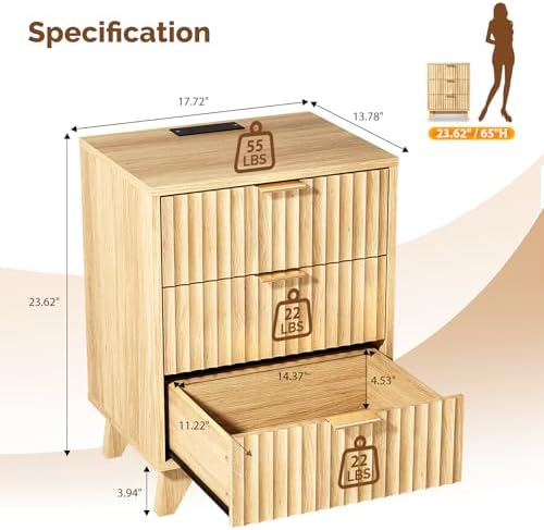 VINGLI Fluted Nightstand with Charging Station, 3 Drawer Nightstand Oak Modern Night Stand for Bedroom, Fluted Bedside Table/End Table/Side Table, 17.72" W*13.78" D*23.62" H, 1 pc - Image 2