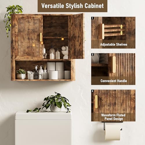 INNOD Bathroom Wall Cabinet, Wall-Mounted Medicine Cabinet with Adjustable Wood Shelf & Doors, Floating Bathroom Cabinet Over Toilet for Laundry Room & Kitchen & Living Room (Retro) - Image 3