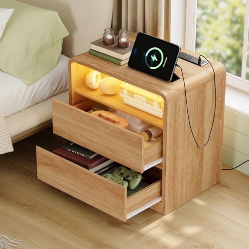 TEENFON Nightstands Set of 2 with Charging Station & LED Lights, Curved Corner Bedside Table 21.7" W, 2 Drawers & Open Shelf, USB-C & USB Ports, Natural, Storage End Table for Bedroom/Living Room - Image 5