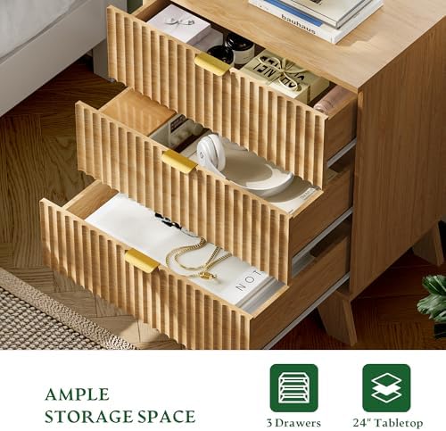 Xixini Fluted Nightstand with Charging Station, Tall Bedside Table, Oak - Image 5