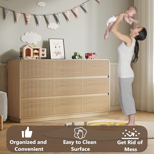 BORNOON Dresser for Bedroom with 9 Drawers, Fluted Chest of Drawers with Round Curved Corner, Hidden Handles, Modern Wood Storage Organizer for Bedroom, Nursery, Living Room - Image 5