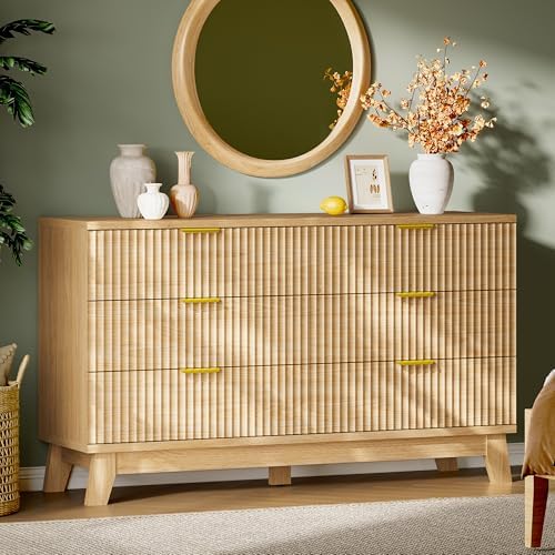 Xixini Fluted Dresser with 6 Drawers, 54" Wide Modern Chest of Drawers with Metal Handle, Wooden Dresser TV Stand, Wood Closet Clothes Storage Organizer for Bedroom, Living Room, Hallway, Natural Oak by Xixini