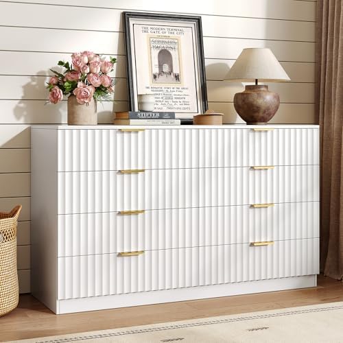 47.2" Wide Fluted 8 Drawer Dresser for Bedroom, White by NDOHCUO