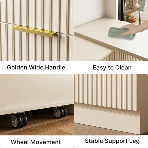 MAISONARIA L-Shaped Rotatable 9 Drawer Dresser for Bedroom, 71" Wide Deformable Beige Dresser with Gold Metal Handles, Modern Fluted Chest of Drawers for Bedroom, Living Room, Entryway, Hallway - Image 3
