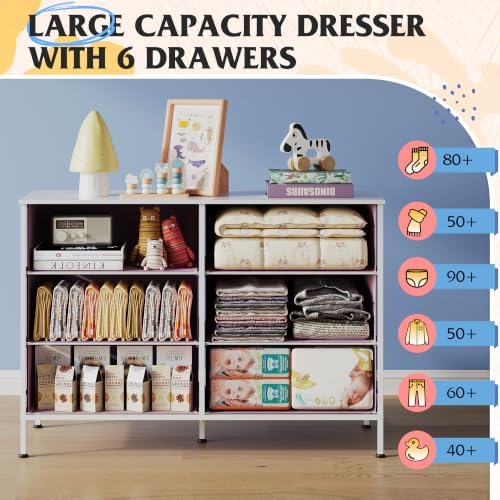 WLIVE Pink Fabric Dresser for Bedroom, 6 Drawer Dressers, Chest of Drawers - Image 5