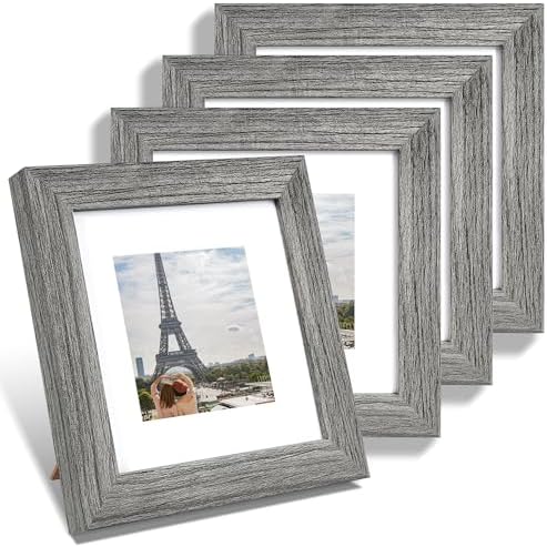 Hongkee 6x6 Picture Frame Set of 4, Made of Glass and Grey Wooden Frame - Display Picture 4x4 with Mat or 6 x 6 Without Mat, 6x6 Photo for Wall or Tabletop by Hongkee