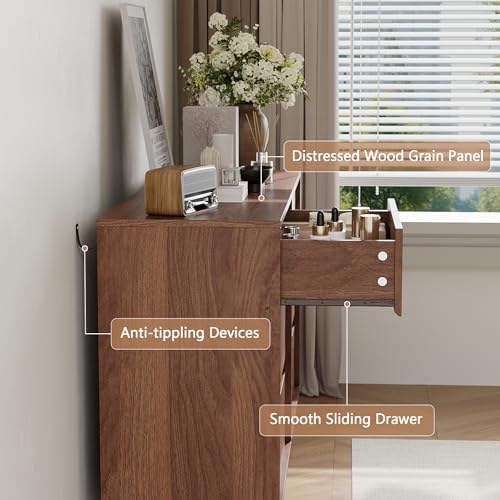 6 Drawer Walnut Dresser for Bedroom, 47" Wide Mid Century Modern Dresser - Image 4