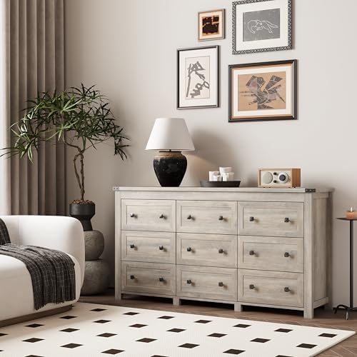 Xixini 59.1" Wide 9-Drawer Farmhouse Dresser for Bedroom, Light Grey - Image 2