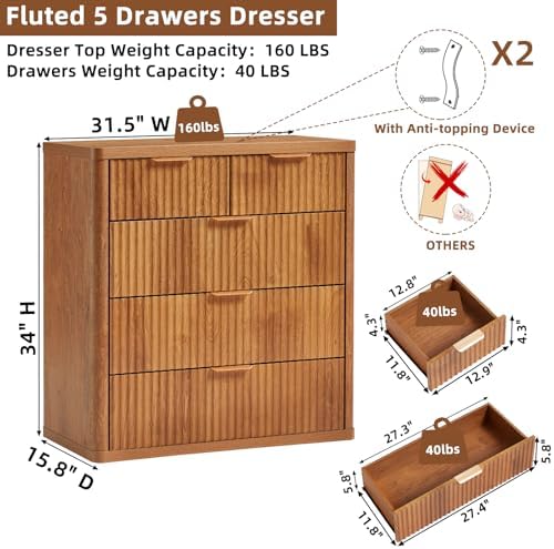 LEYAOYAO Fluted 5 Drawers Dresser for Bedroom, 34" Tall Modern Chest of Drawers with Metal Handle, Curved Profile Design,Brown Wood Drawer Organizer for Bedroom, Living Room, Hallway, Entryway - Image 2