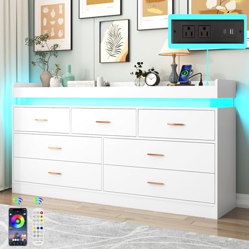 Hlivelood 7 Drawer Dresser with LED Light and Charging Station, Modern Chest of Drawers for Closet, Wide Drawer Organizer Cabinet for Bedroom, Living Room, Entryway, Hallway, White by Hlivelood