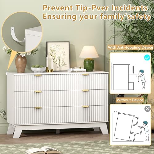 Wodeer 6 Drawer Fluted Dresser for Bedroom, Mid Century Modern Dresser with 6 Drawers, Dressers & Chests of Drawers with Metal Handle, TV Stand & Storage Organizer for Entryway, Hallway, White - Image 6